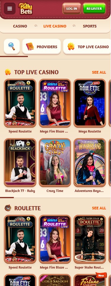 Live καζίνο της BillyBets σε κινητή συσκευή